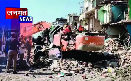 अतिक्रमण हटाओ अभियान के दौरान तीन मंजिला मकान पोकलैंड मशीन पर गिरा, चालक गंभीर रूप से घायल