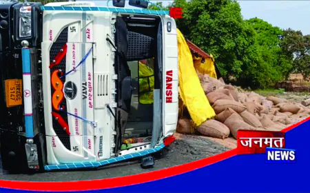 सामने अचानक गाय आने से अनियंत्रित होकर पलटा गेहूं लदा ट्रक, चालक-खलासी घायल